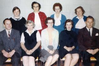 Staff of HPS 1966-67.Back row, l-r, Mrs. Mary Peters, Mrs. Mary Cronk, Mrs. Ellen Coulter and Mrs. Doreen Howes. Front row l-r, Mr. William Sproule, Mrs. Ethel Snider, Mrs. Ila Cronk, Mrs. Dawn Hansen and Mr. Maurice Lowery